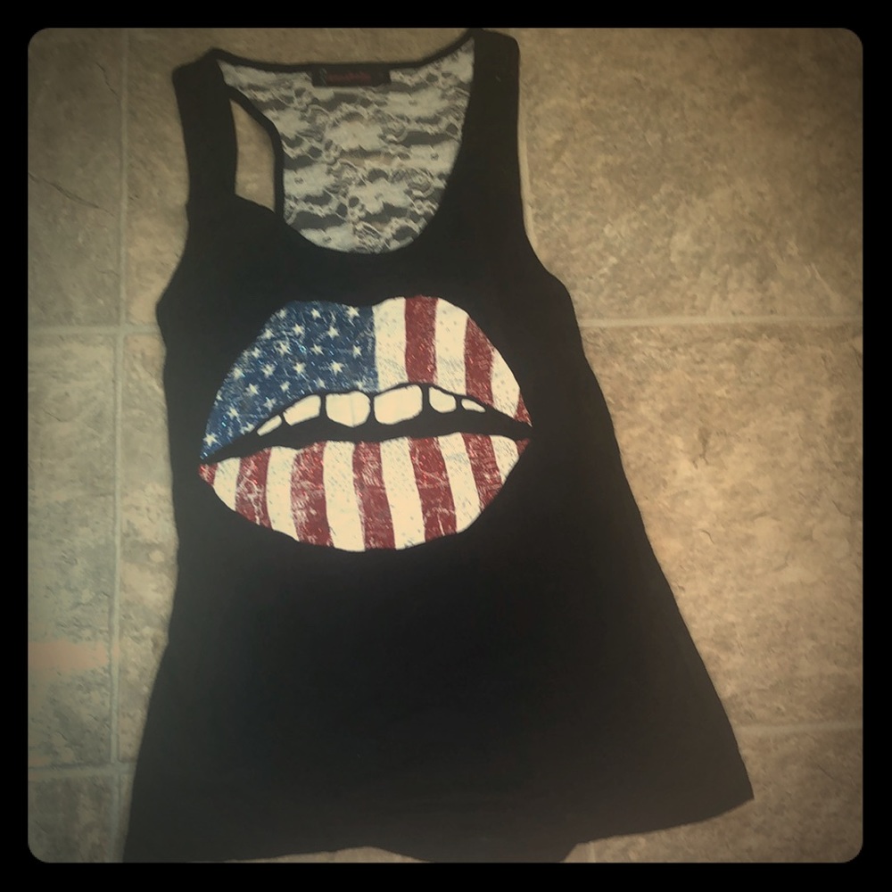Americana Rockstar Lips cutout lace back tank top